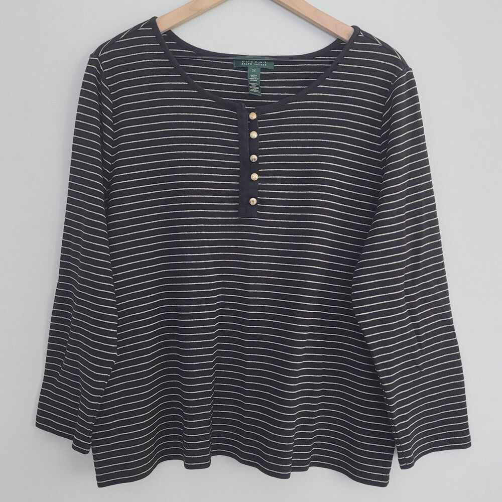 Lauren Ralph Lauren Henley Shirt Top Womens 3X Black Gold Striped 3/4 Sleeve